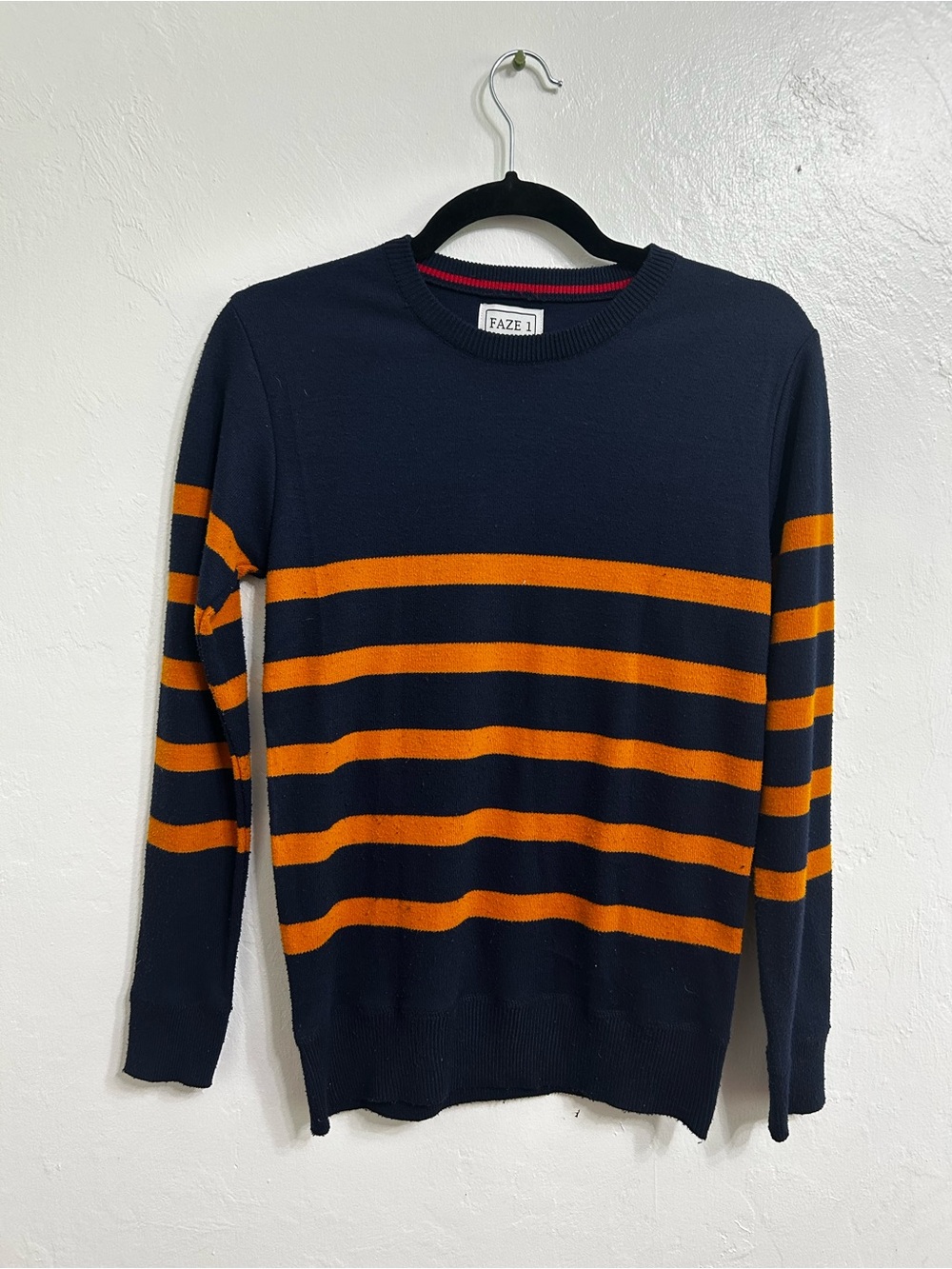 Kids Navy and Orange Striped Crewneck Sweater